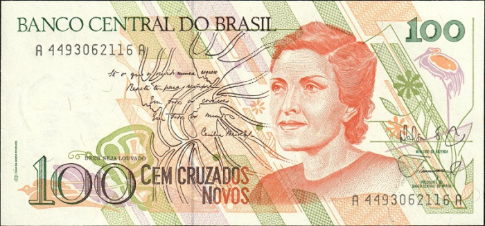 (1989) Банкнота Бразилия 1989 год 100 новых крузадо &quot;Сесилия Мейрелеш&quot;   UNC